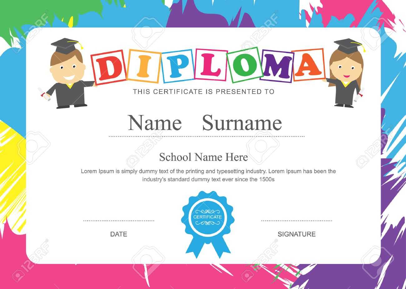 Kids Diploma Preschool Certificate Elementary School Design Template  Background Pertaining To Children's Certificate Template