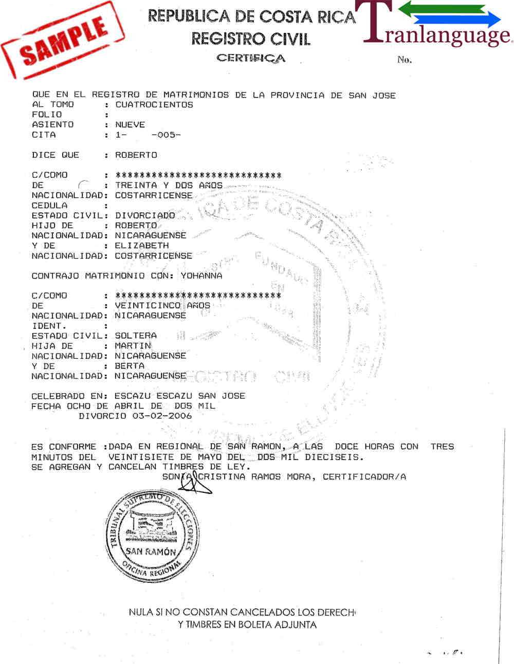 Marriage Certificate Costa Rica With Regard To Marriage Certificate Translation From Spanish To English Template