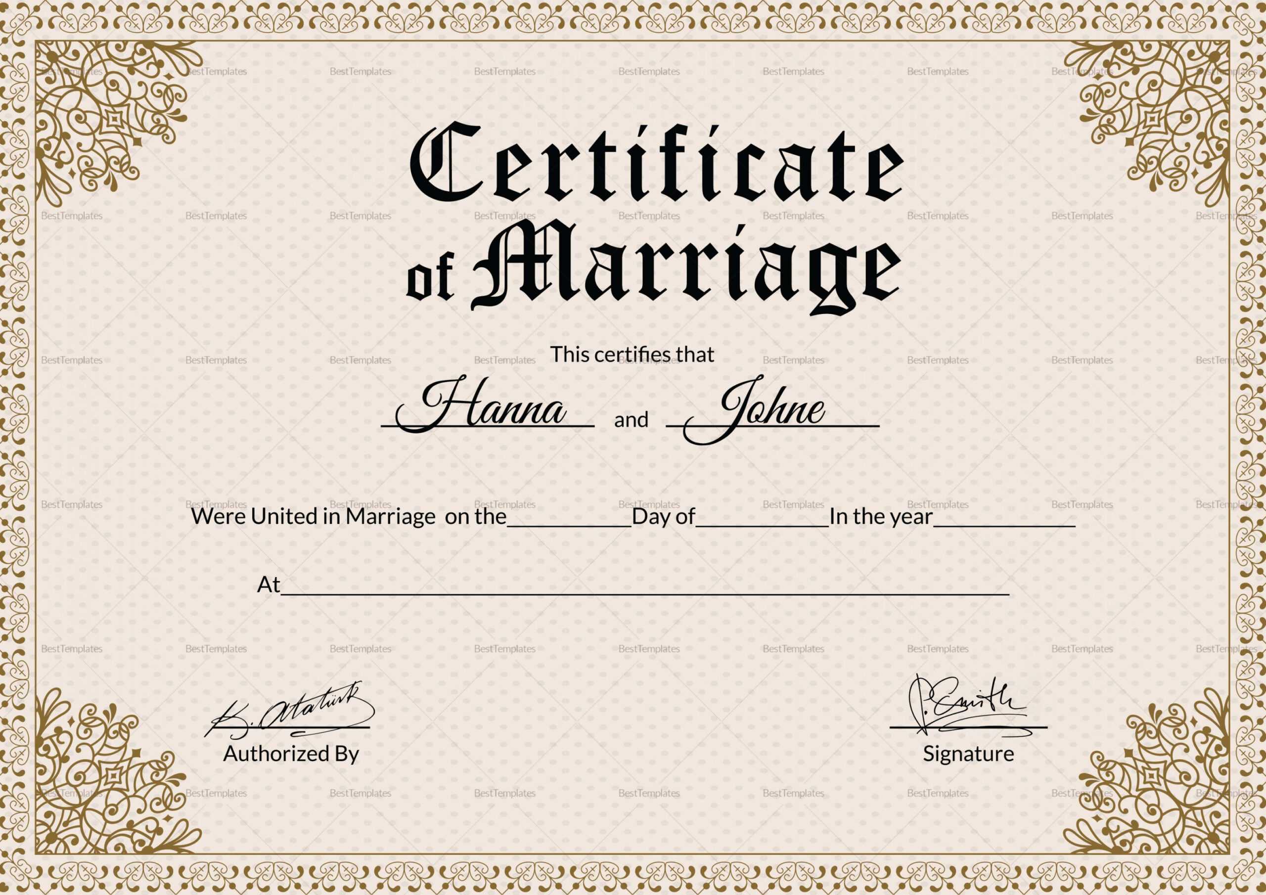 Marriage Certificate Design - Yeppe.digitalfuturesconsortium With Regard To Certificate Of Marriage Template