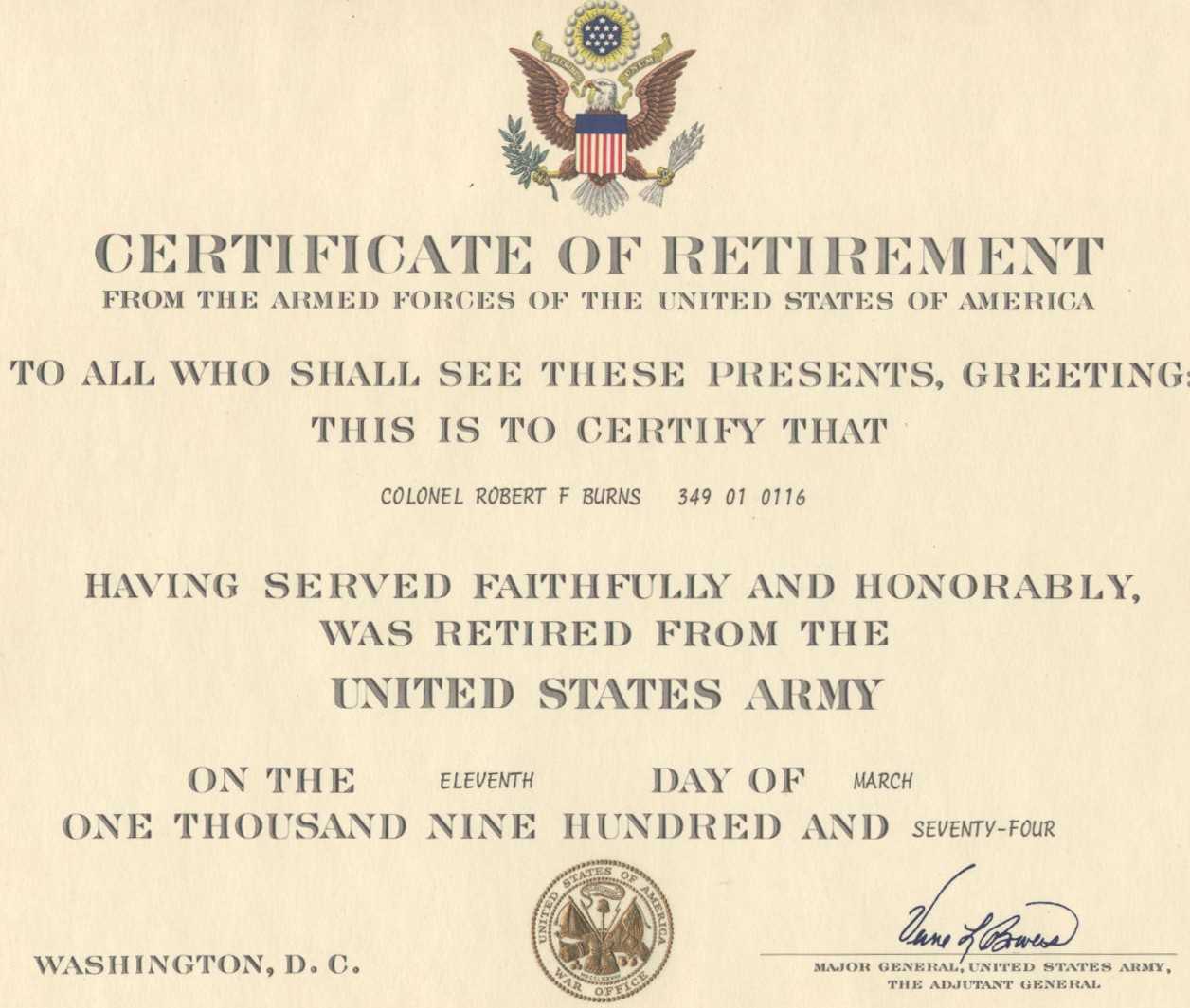 Military Retirement Certificate Template | Timesheet In Retirement Certificate Template
