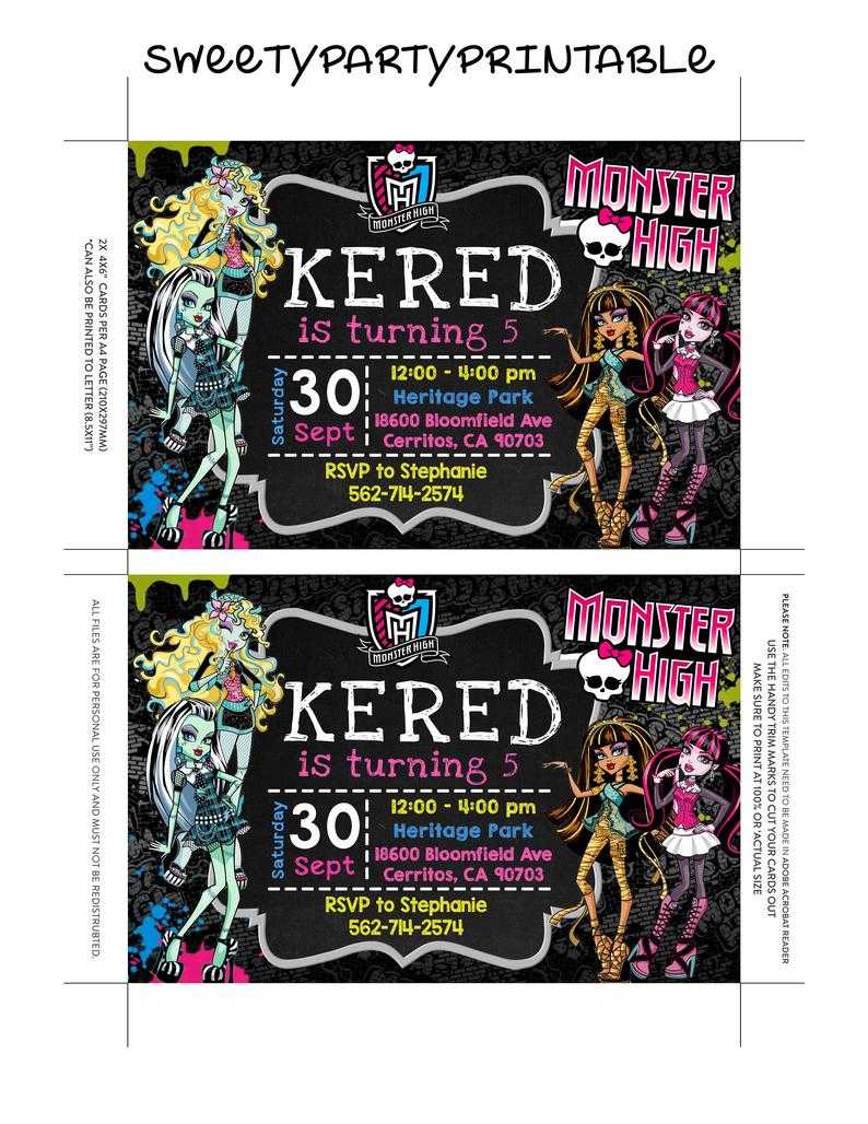 Monster High Invitation Instant Download, Monster High Editable Invitation,  Monster High Birthday, Monster High Party, Monster High Invites For Monster High Birthday Card Template