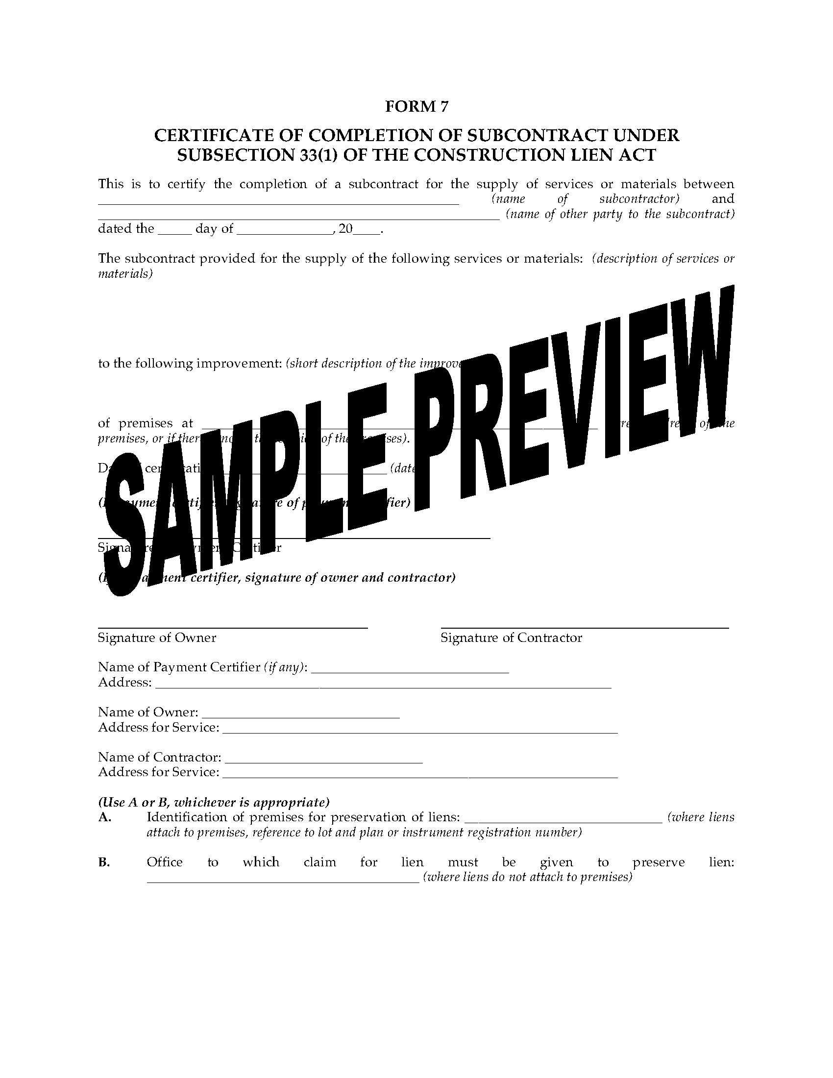 Ontario Certificate Of Completion Of Subcontract For Certificate Of Completion Construction Templates