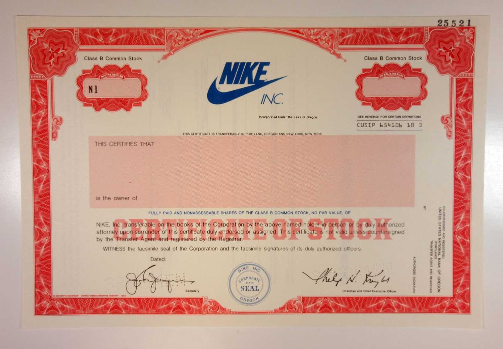 Or. Nike, Inc. 1980 90S Specimen Stock Certificate Odd Shrs Class B Xf  Sc Usbn | Ebay With Corporate Bond Certificate Template