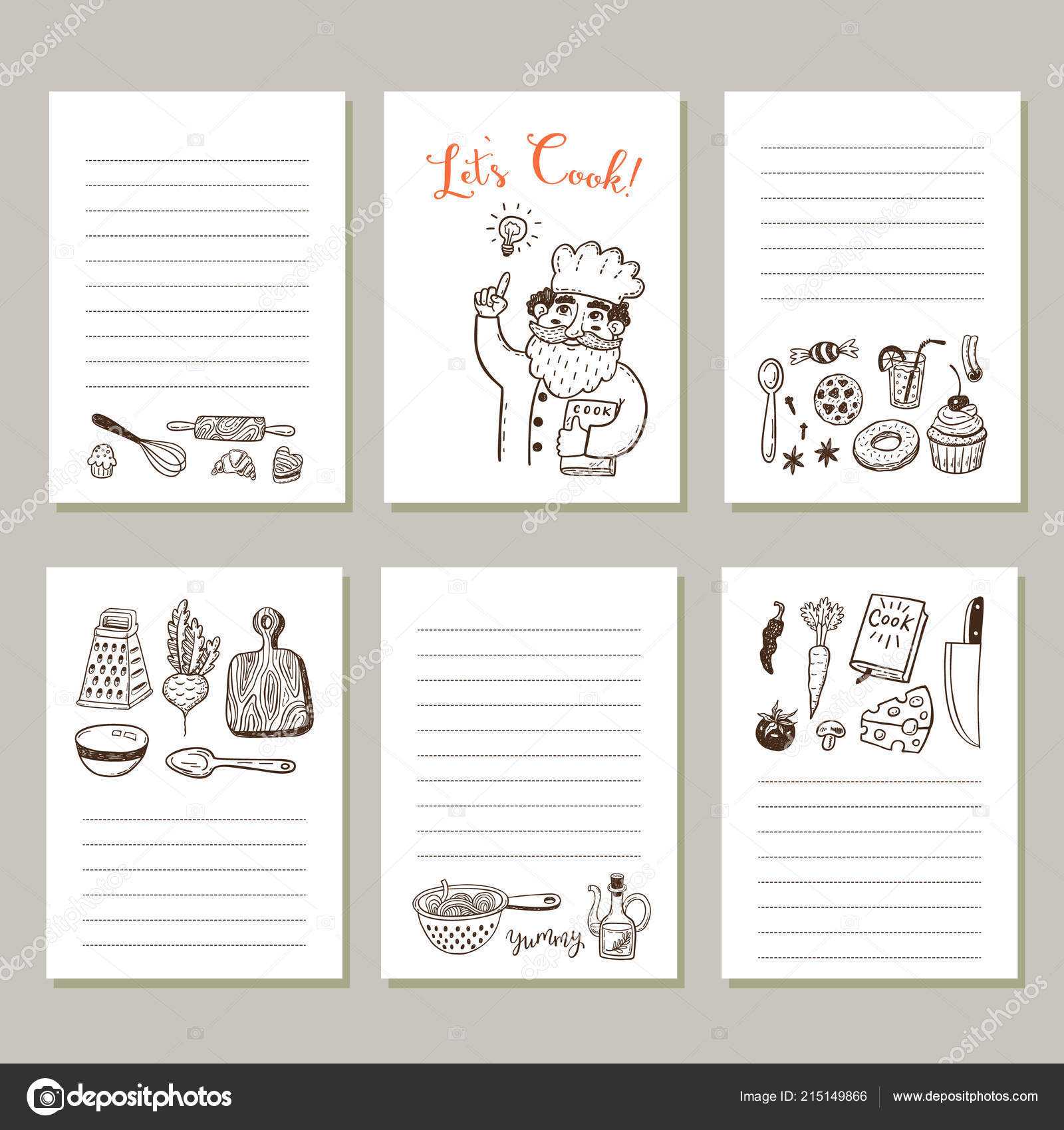 Page Template Set Notes Cooking Recipe Cards Hand Drawn Inside Recipe Card Design Template