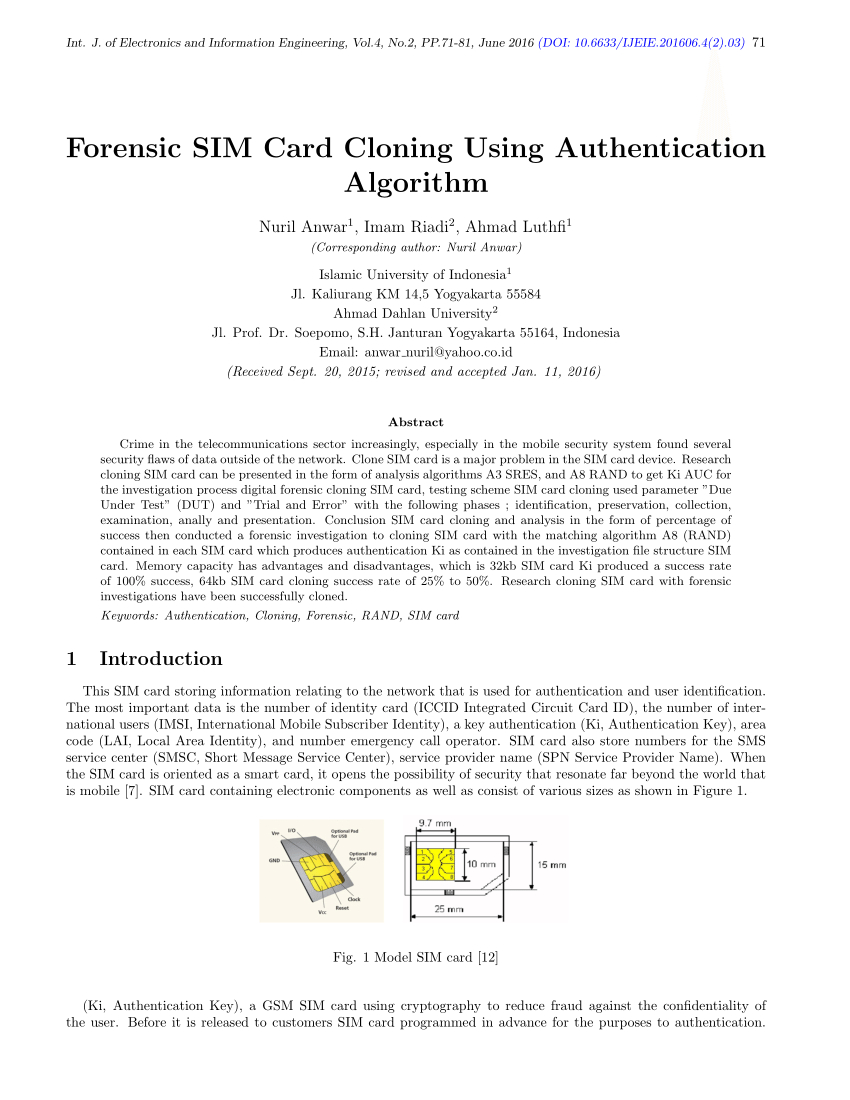 Pdf) Forensic Sim Card Cloning Using Authentication Algorithm With Sim Card Template Pdf