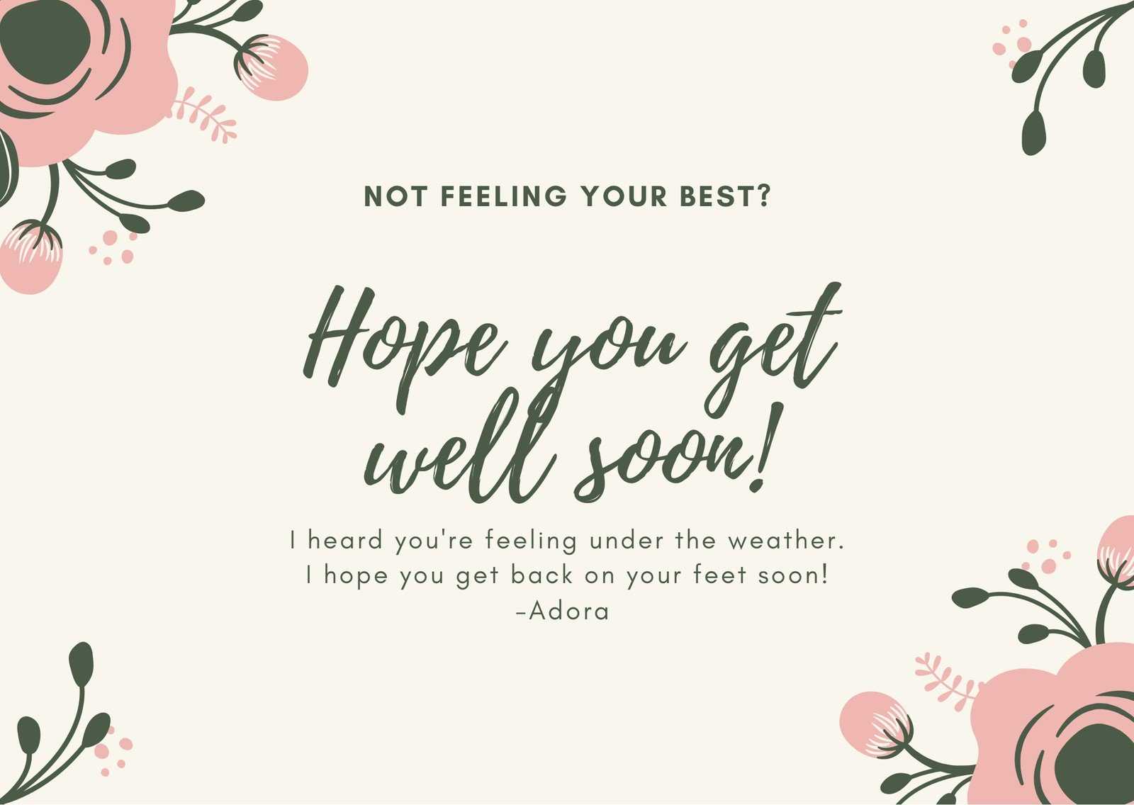 Pink & Green Floral Simple Get Well Soon Card – Templates Regarding Get Well Card Template