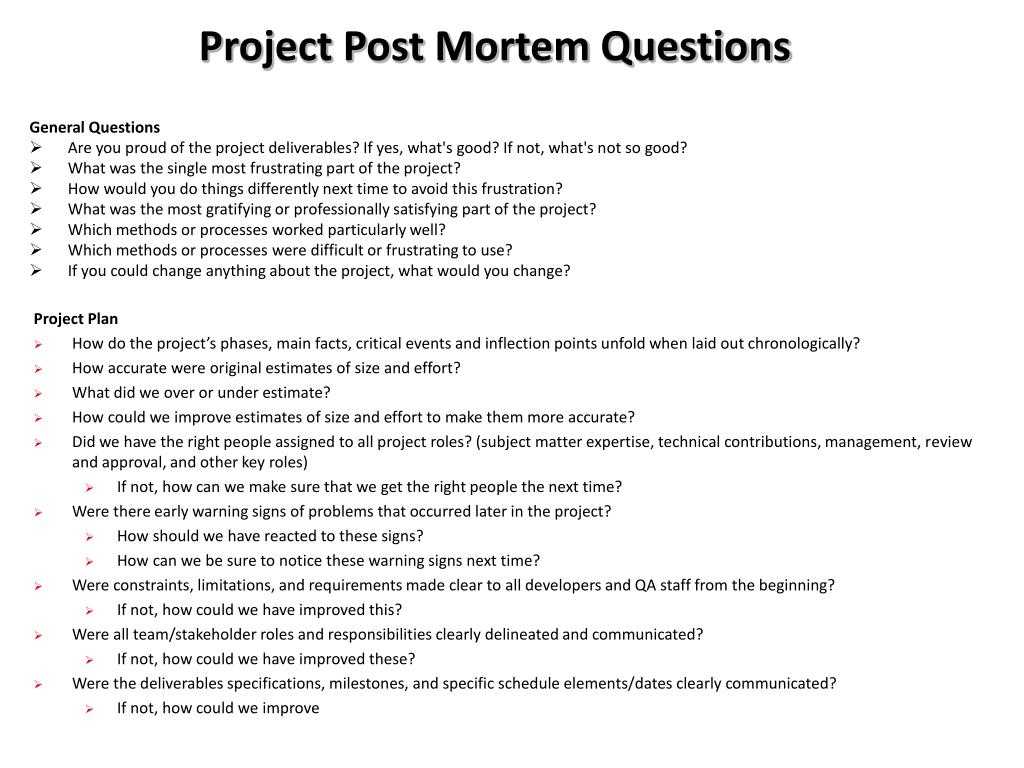 Ppt – Project Post Mortem Questions Powerpoint Presentation Pertaining To Post Mortem Template Powerpoint