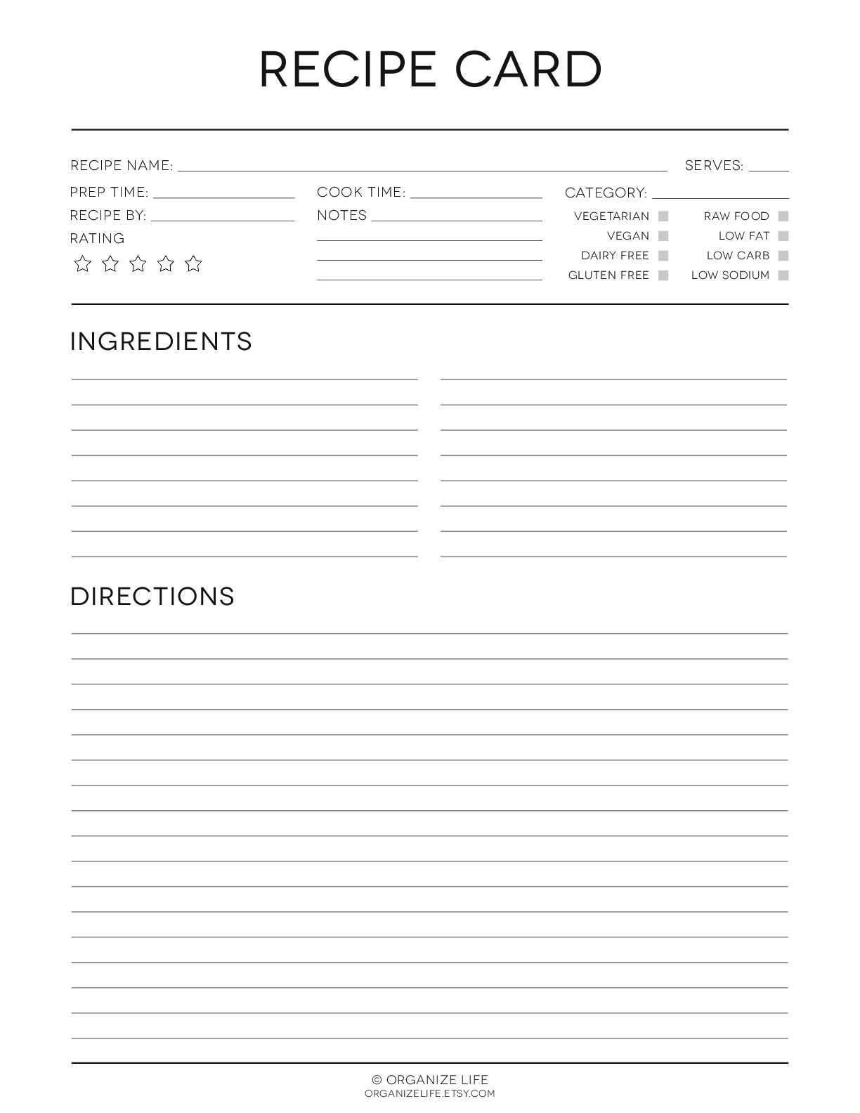 Recipe Card V5 – Black & White Inside Fillable Recipe Card Template