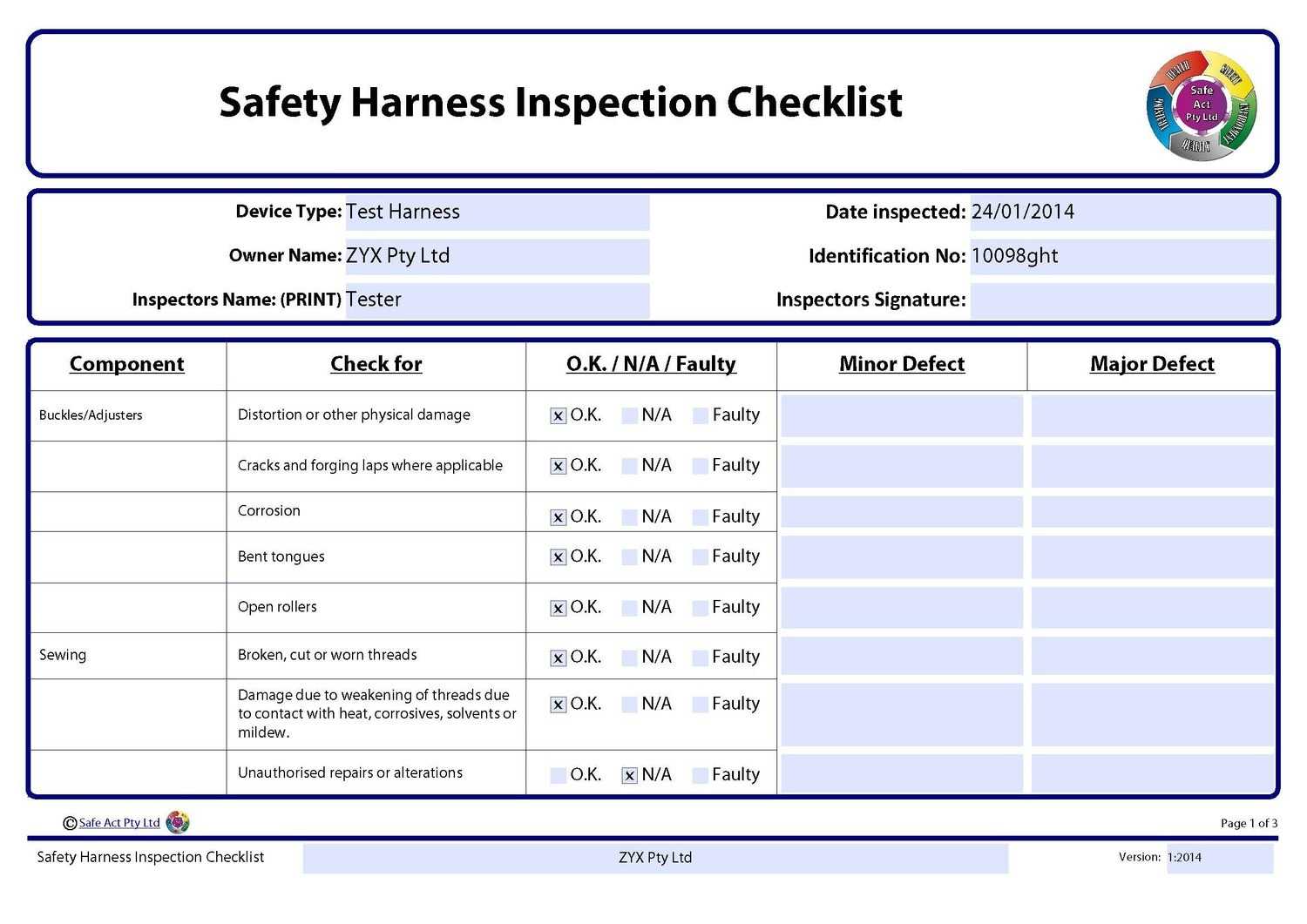 Safety Harness Inspection Checklist In Certificate Of Inspection Template