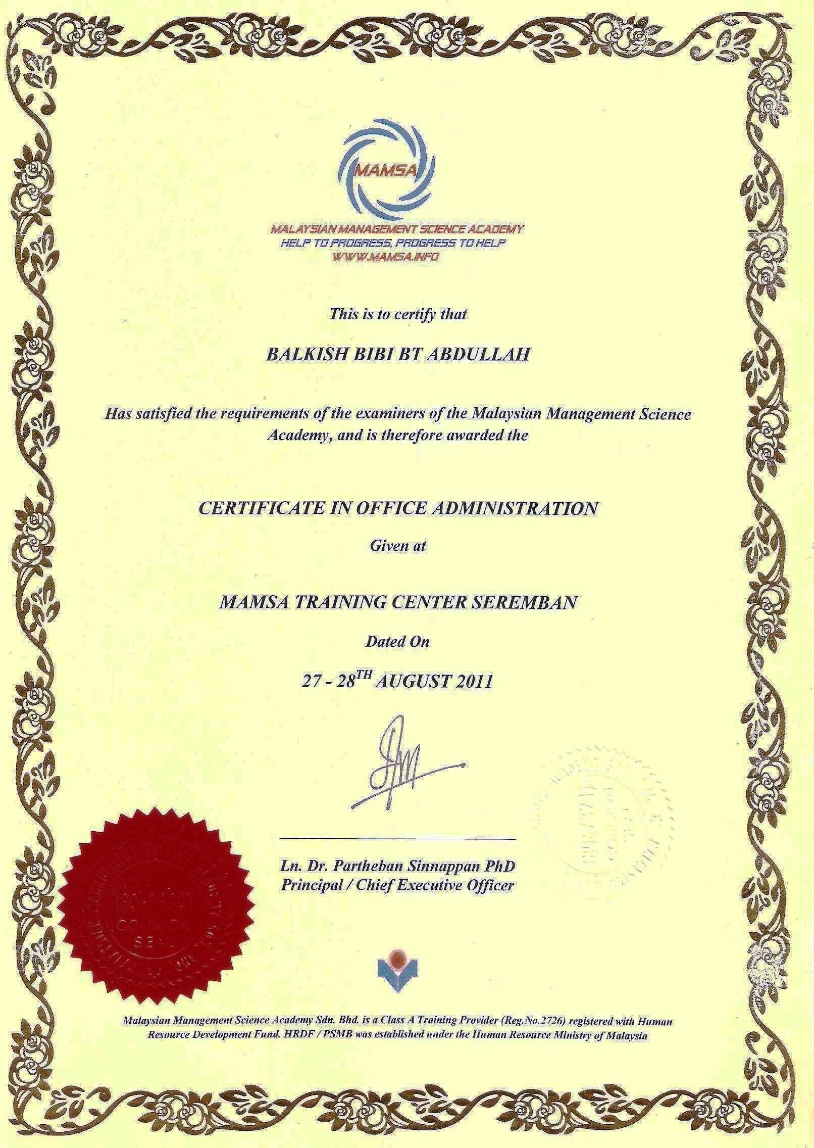 Sample Certificates – Mamsa Inside Certificate Of Authorization Template