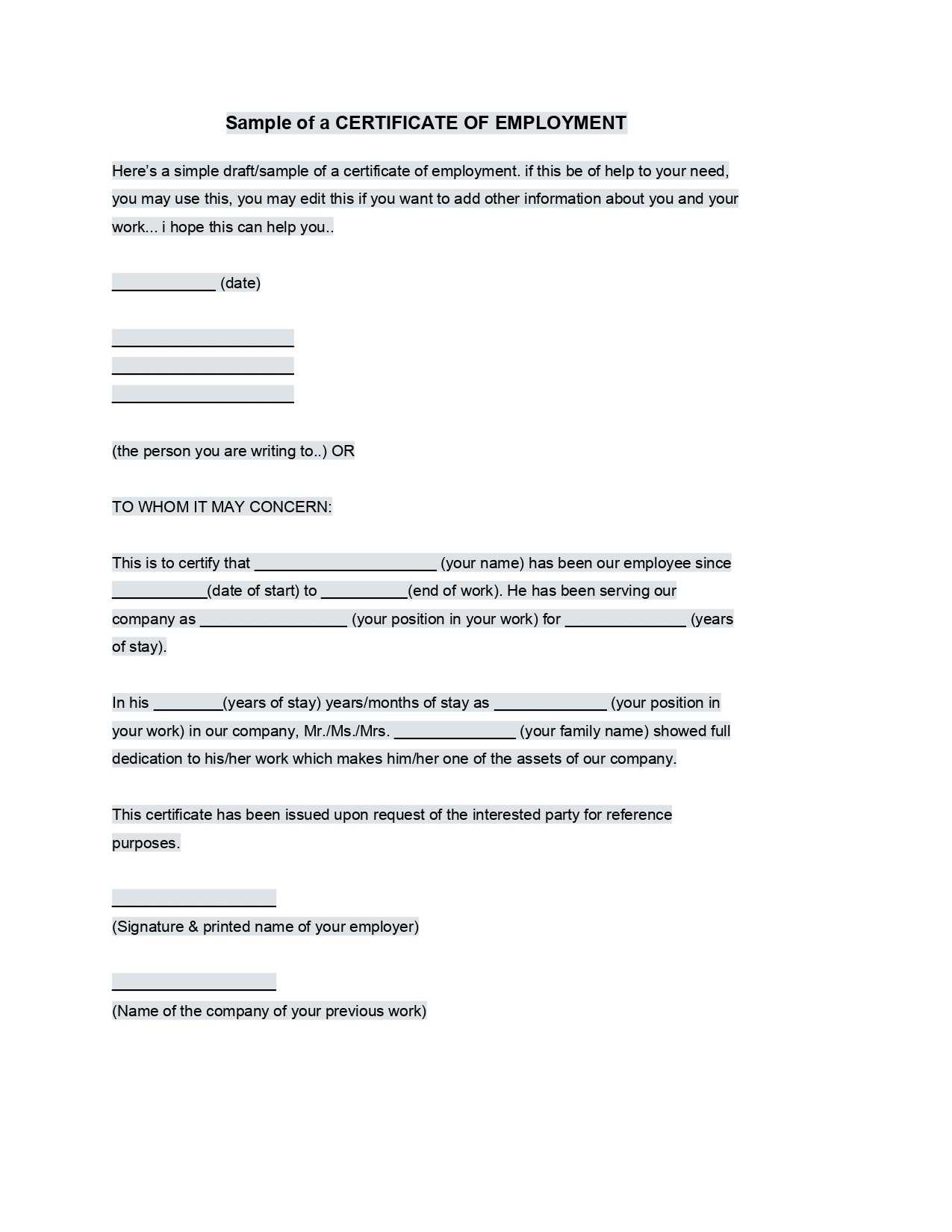 Sample Employment Certificate From Employer – Google Docs Throughout Sample Certificate Employment Template