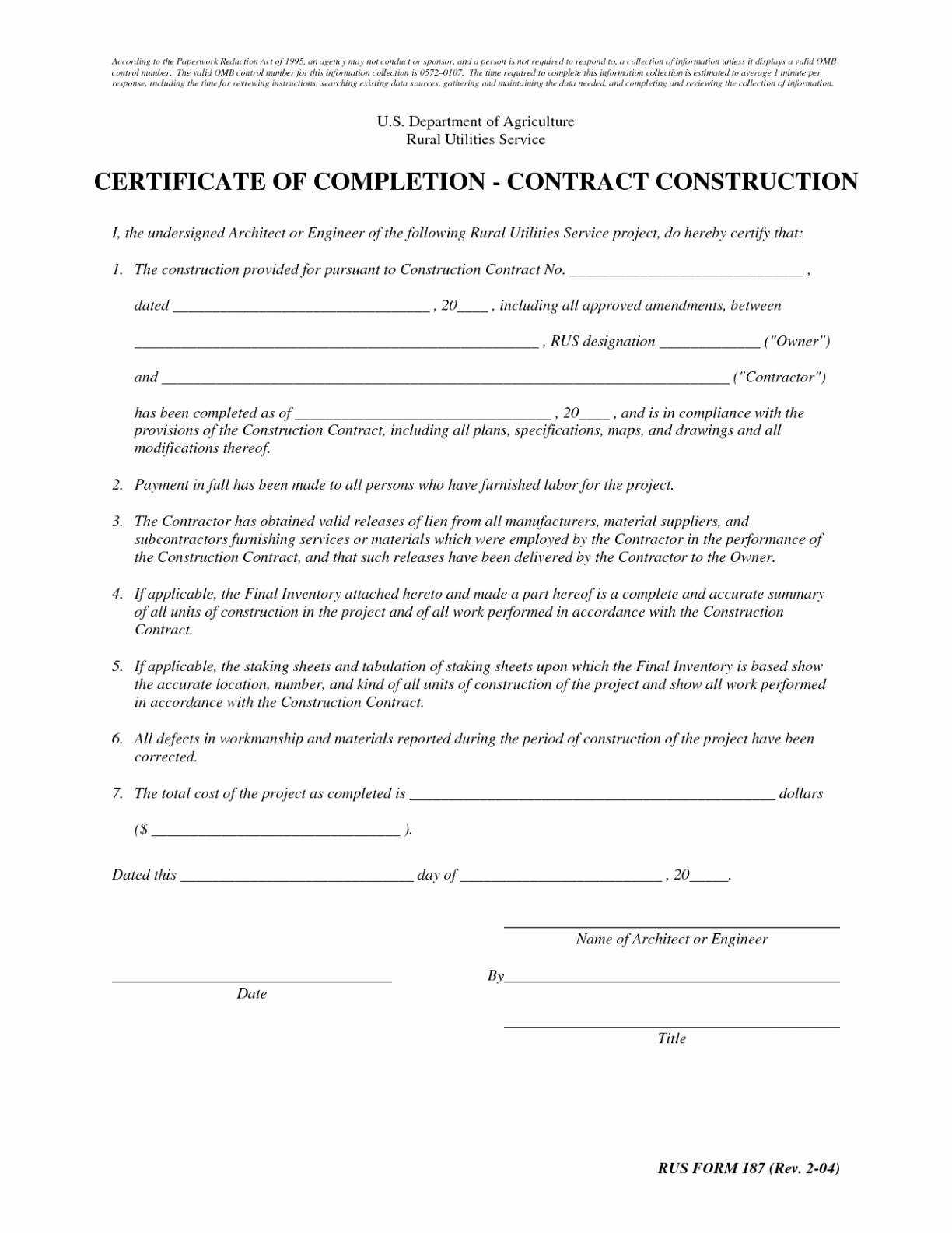Sample Of Certificate Of Completion Of Construction Project For Construction Certificate Of Completion Template