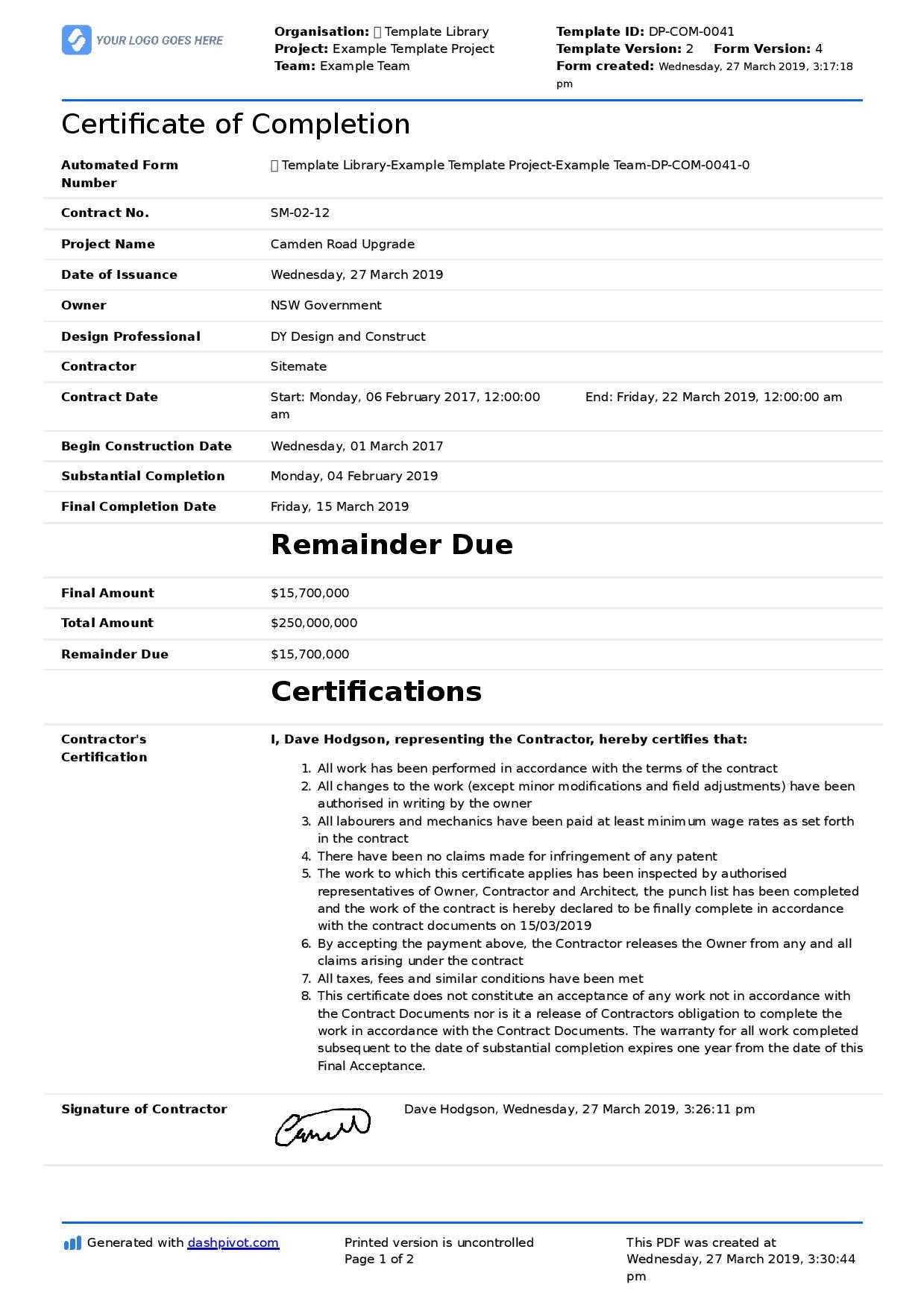 Sample Of Certificate Of Completion Of Construction Project In Jct Practical Completion Certificate Template