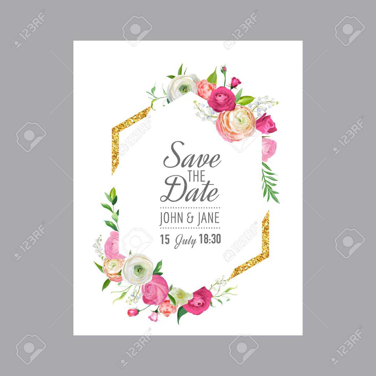Save The Date Card Template With Gold Glitter Frame And Pink.. With Save The Date Cards Templates