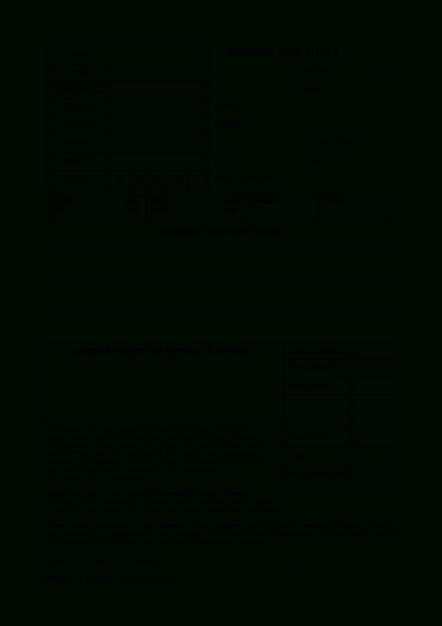 Service Job Sheet Template – Dalep.midnightpig.co Inside Maintenance Job Card Template