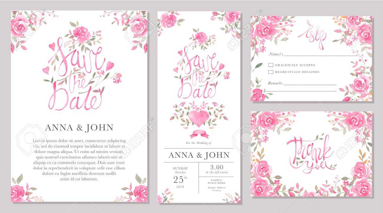 Set Of Wedding Invitation Card Templates With Watercolor Rose.. Throughout Sample Wedding Invitation Cards Templates