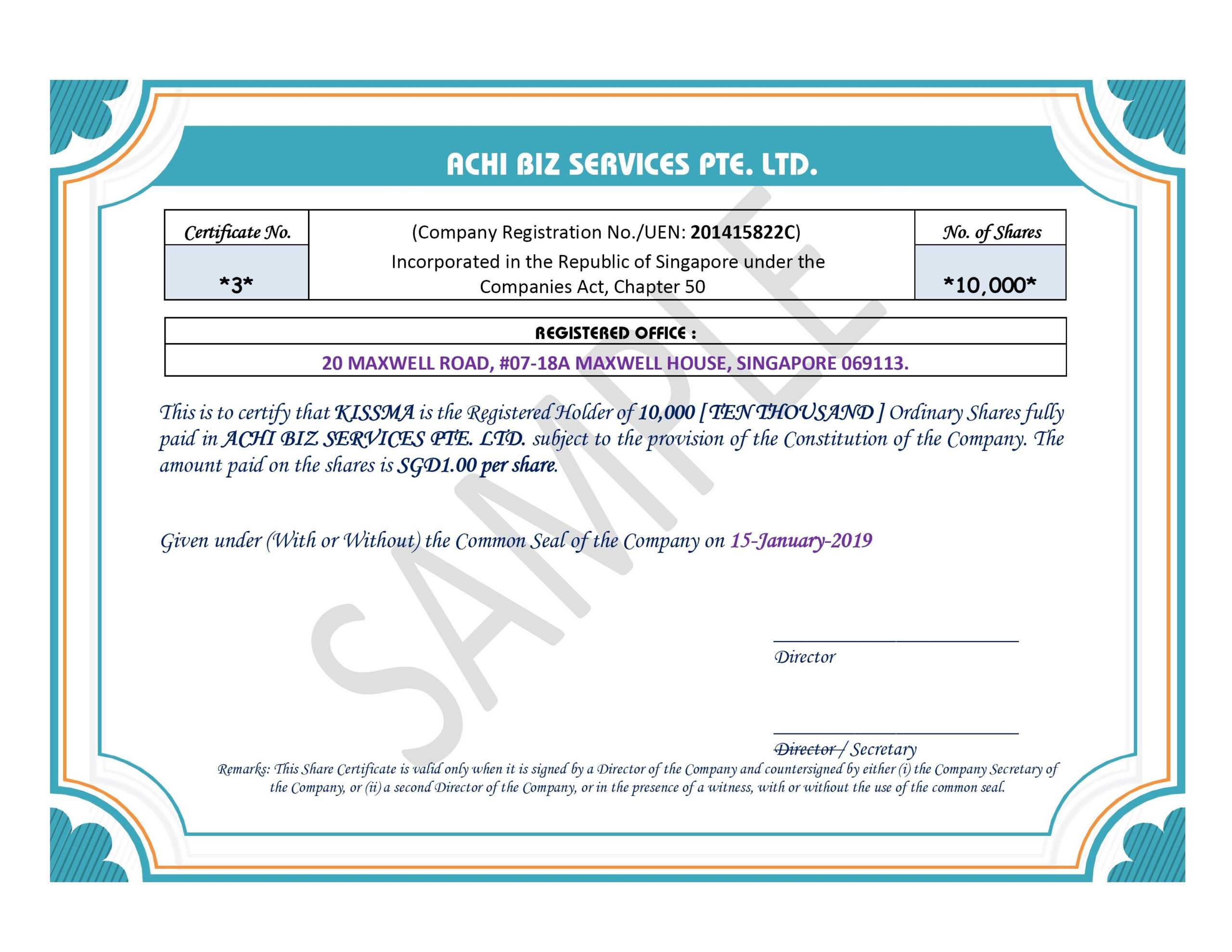 Share Certificate In Singapore ~ Achibiz Regarding Template For Share Certificate
