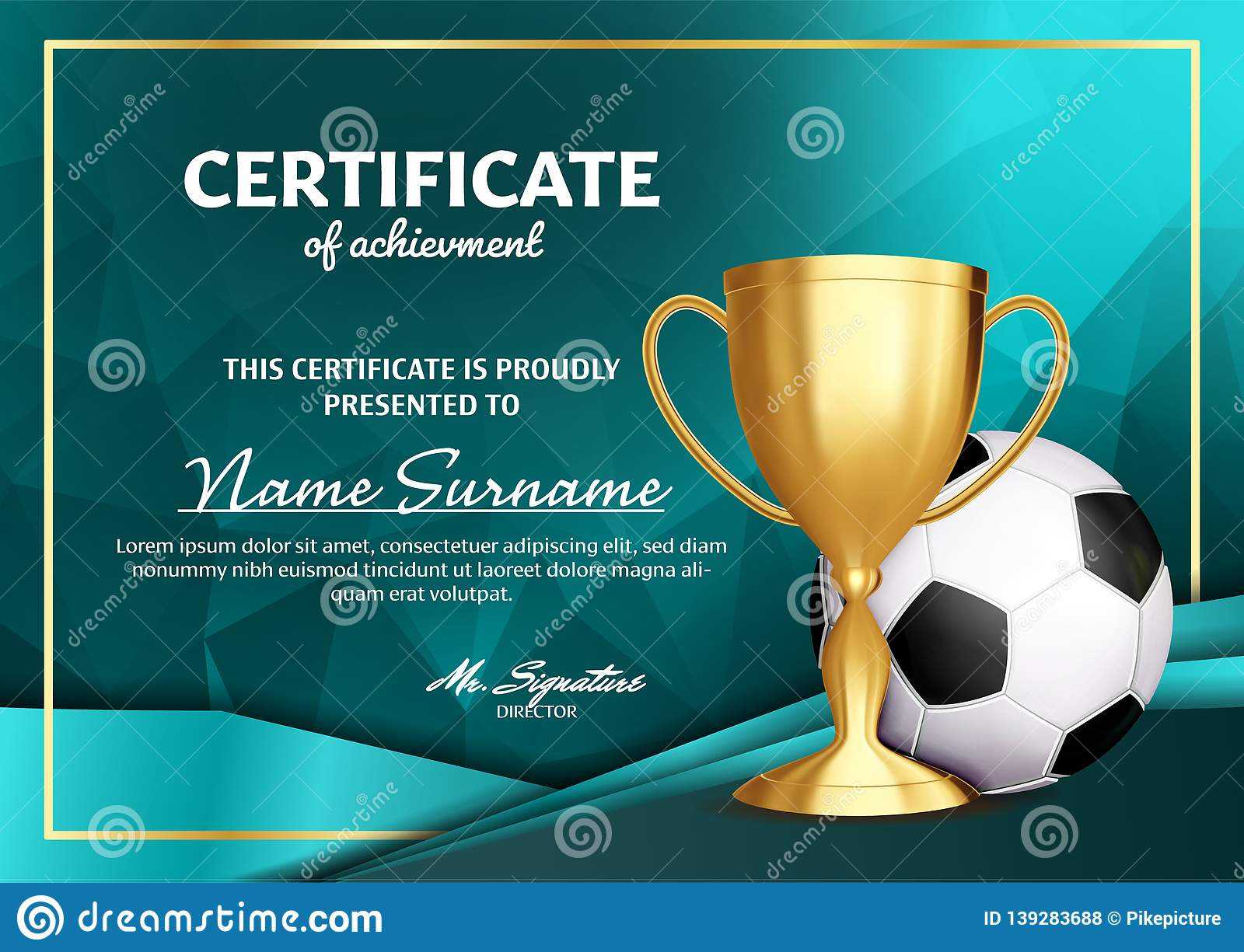 Soccer Certificate Diploma With Golden Cup Vector. Football Intended For Soccer Certificate Template Free