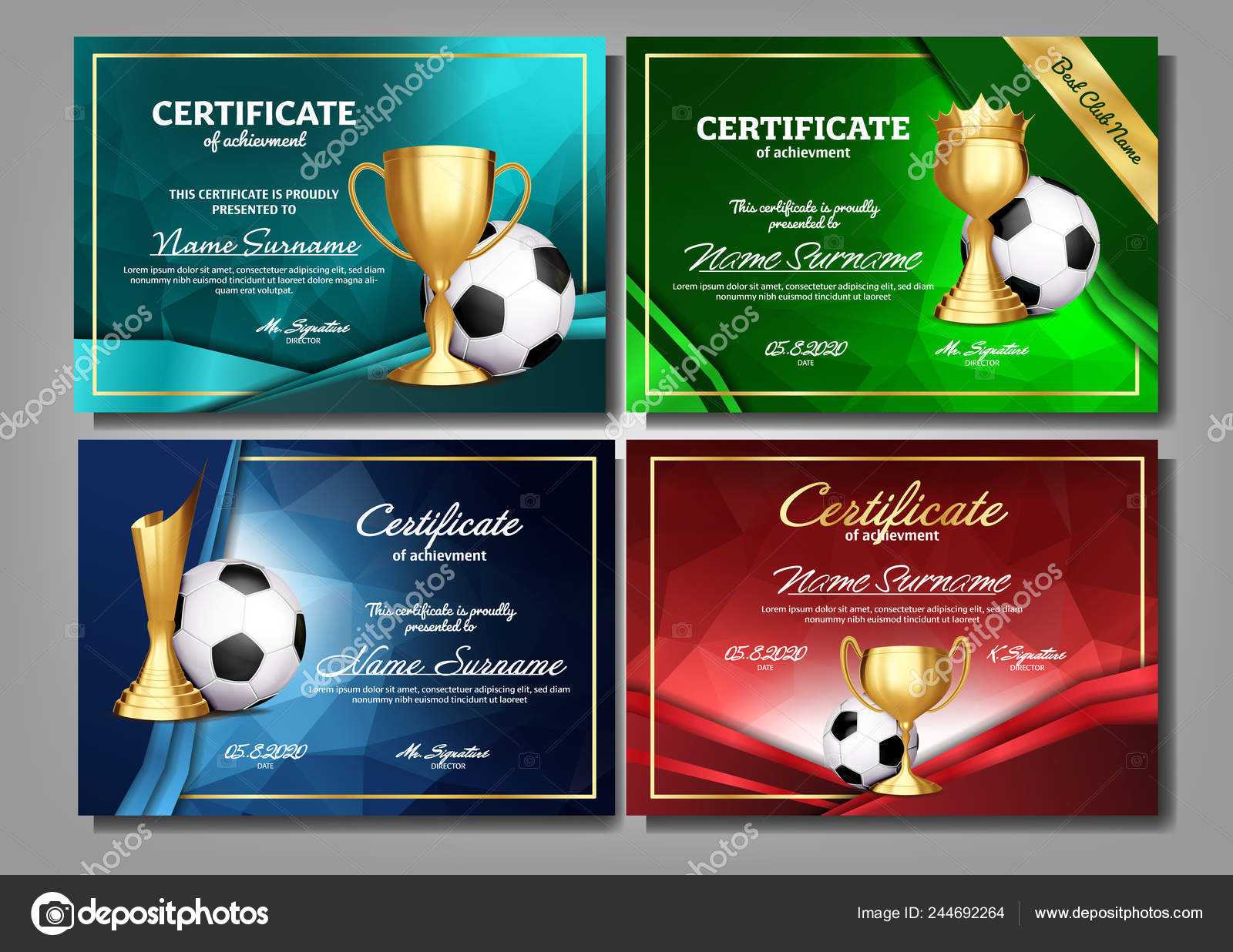 Soccer Game Certificate Diploma With Golden Cup Set Vector Throughout Soccer Award Certificate Template