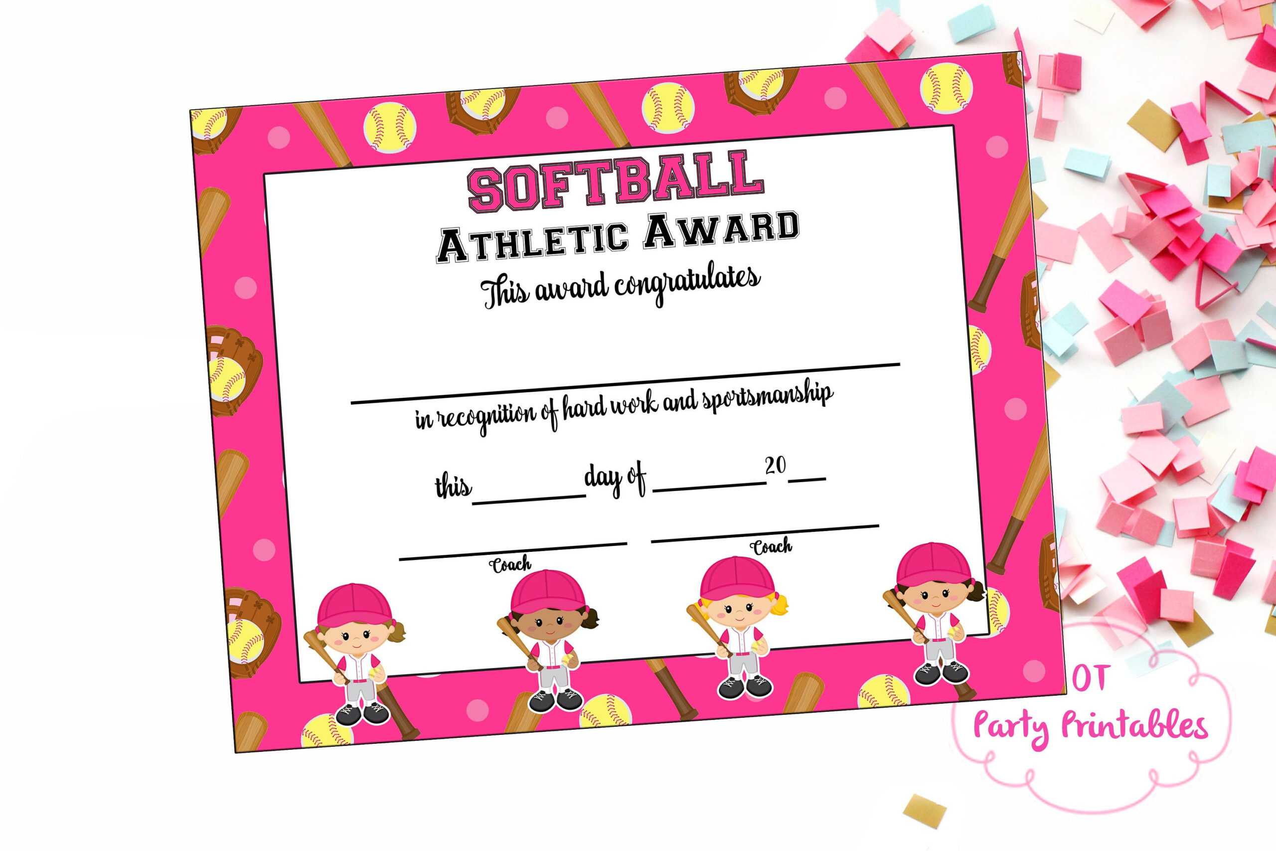 Softball Certificate Of Achievement – Softball Award – Print At Home –  Softball Mvp – Softball Certificate Of Completion – Sports Award For Softball Award Certificate Template