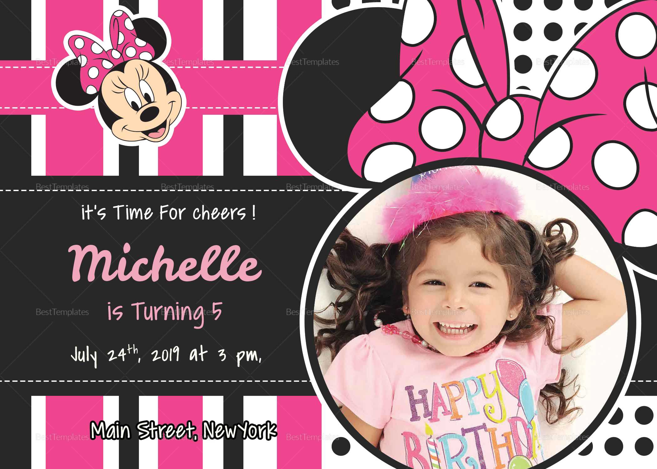 Sparkling Minnie Mouse Birthday Invitation Card Template With Minnie Mouse Card Templates