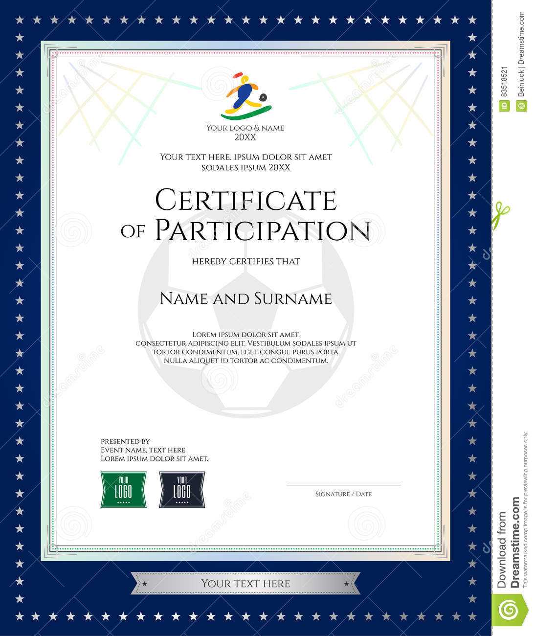Sport Theme Certificate Of Participation Template Stock For Football Certificate Template