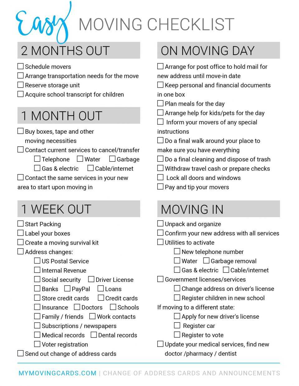 Spreadsheet Moving House Checklist Free Printable Download With Regard To Moving Home Cards Template
