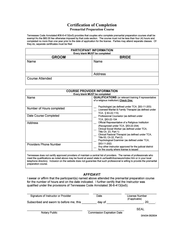 Tennessee Premarital Counseling Form – Fill Online With Regard To Premarital Counseling Certificate Of Completion Template