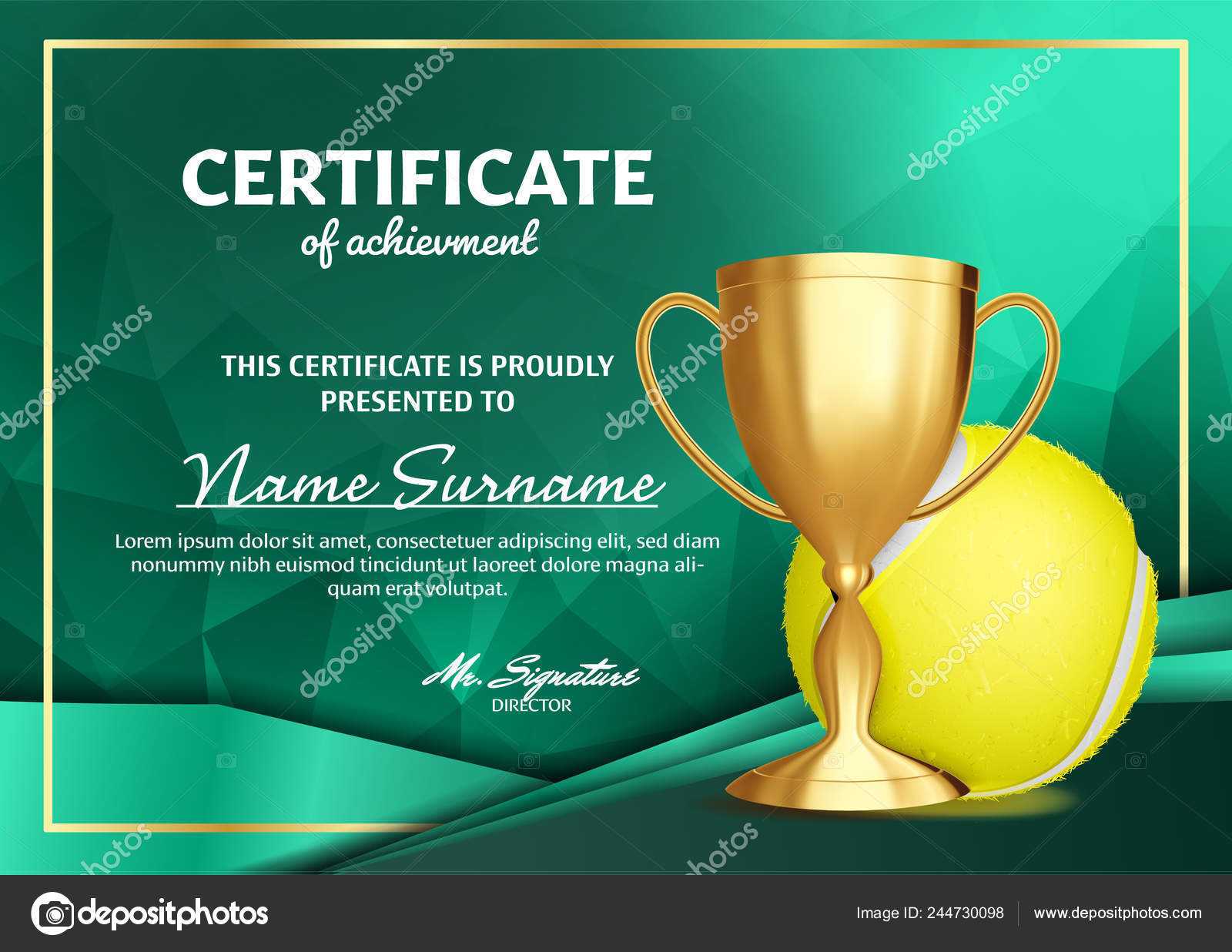 Tennis Certificate Diploma With Golden Cup Vector. Sport With Regard To Tennis Certificate Template Free