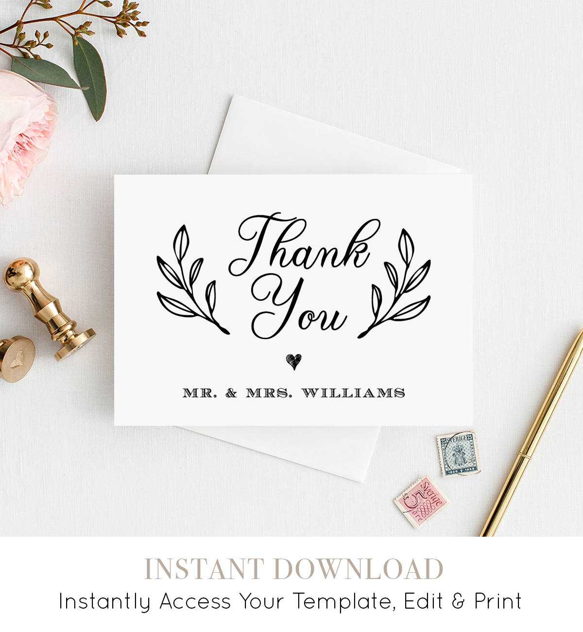 Thank You Card Template, Printable Rustic Wedding Thank For Thank You Note Card Template