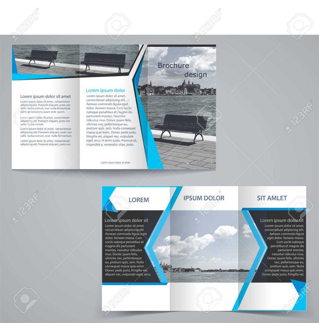 Tri Fold Business Brochure Template, Two Sided Template Design In Blue  Color. Inside Double Sided Tri Fold Brochure Template