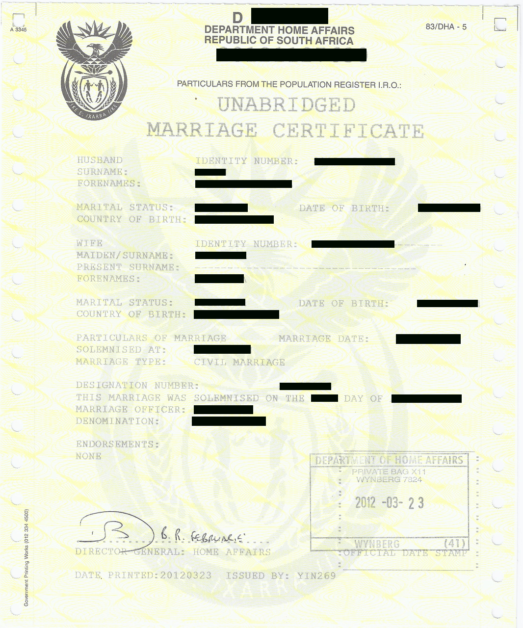 Unabridged Marriage Certificate | Apostilles And Police Pertaining To South African Birth Certificate Template