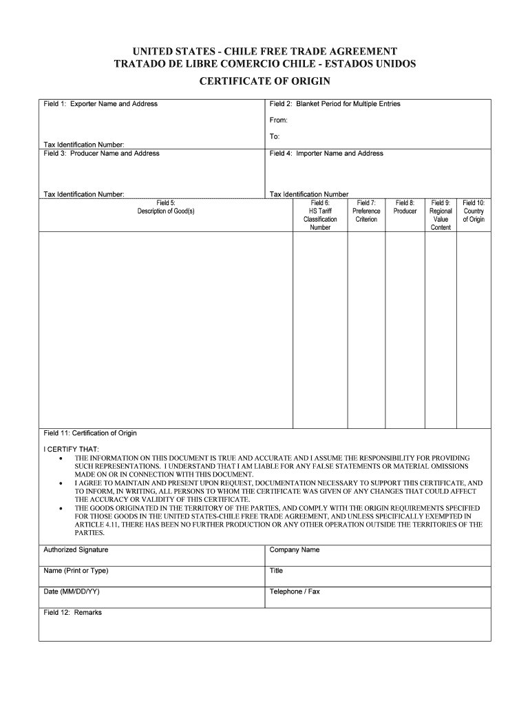 United States Chile Trade Agreement Form – Fill Online For Certificate Of Origin Template Word