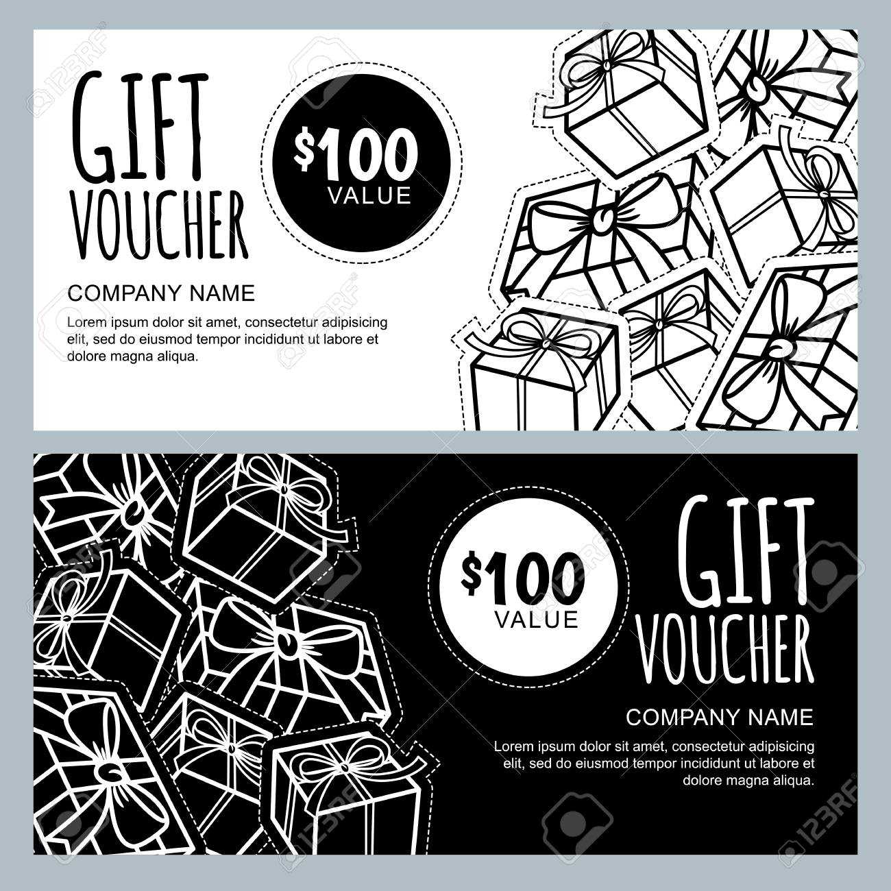 Vector Gift Voucher Template With Gift Box Patches And Stickers Intended For Black And White Gift Certificate Template Free