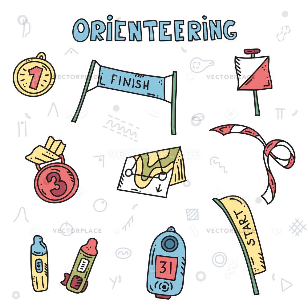 Vector Illustration Of Sport Orienteering Isolated Elements: Compass, Card,  Control Point, Medal, Start, Finish, Map. Orientation, Navigation With Regard To Orienteering Control Card Template