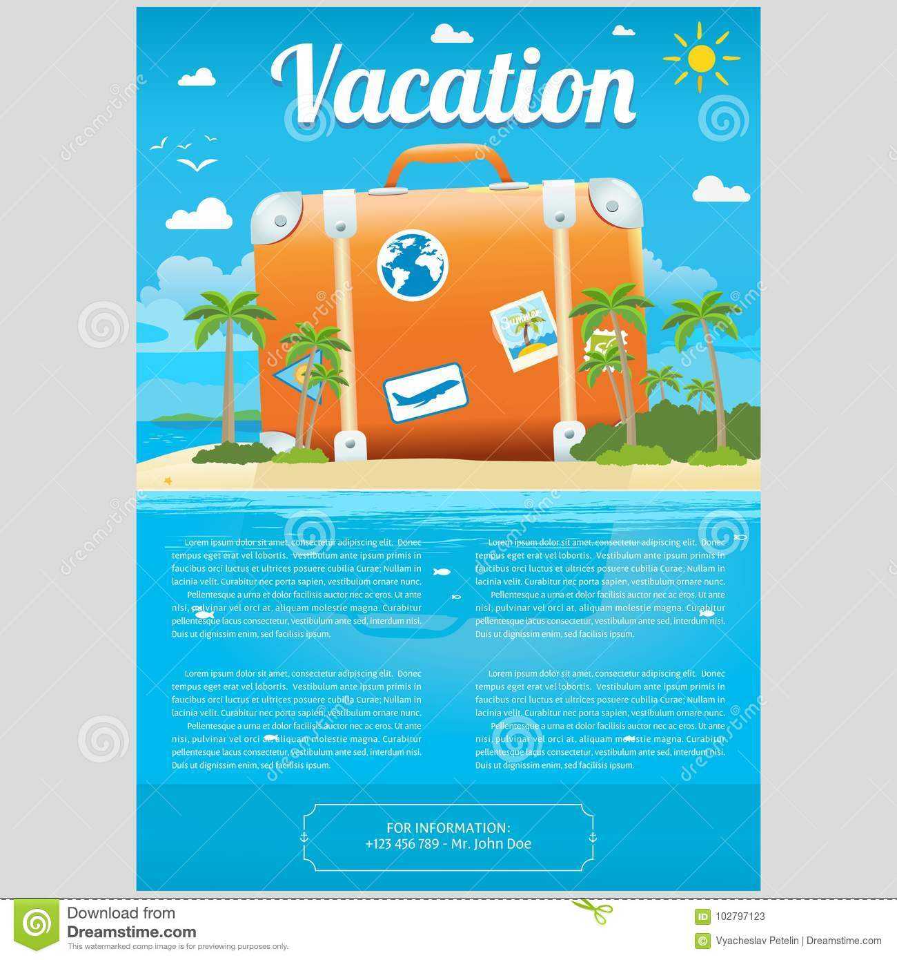 Vector Illustration Of Travel Suitcase On The Sea Island Within Word Travel Brochure Template