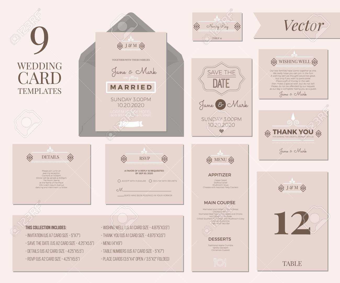Vintage Minimal Wedding Invitation Card Collection Set Template.. For Place Card Size Template