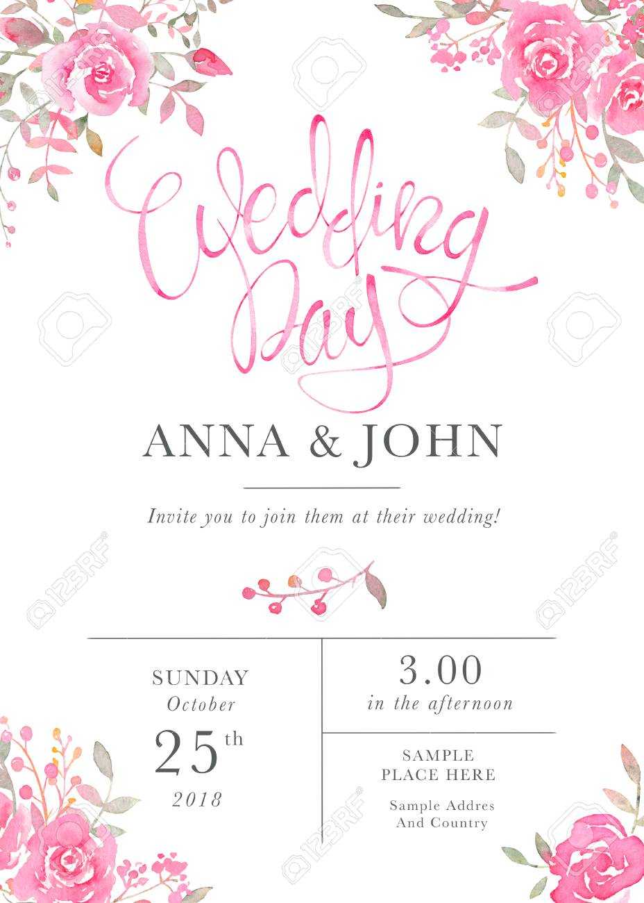 Wedding Invitation Card Template With Watercolor Rose Flowers In Free E Wedding Invitation Card Templates