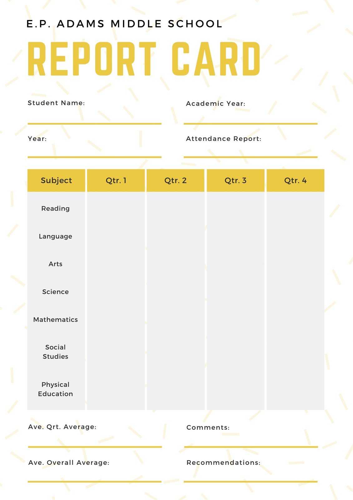 White And Yellow Simple Sprinkled Middle School Report Card Inside Boyfriend Report Card Template