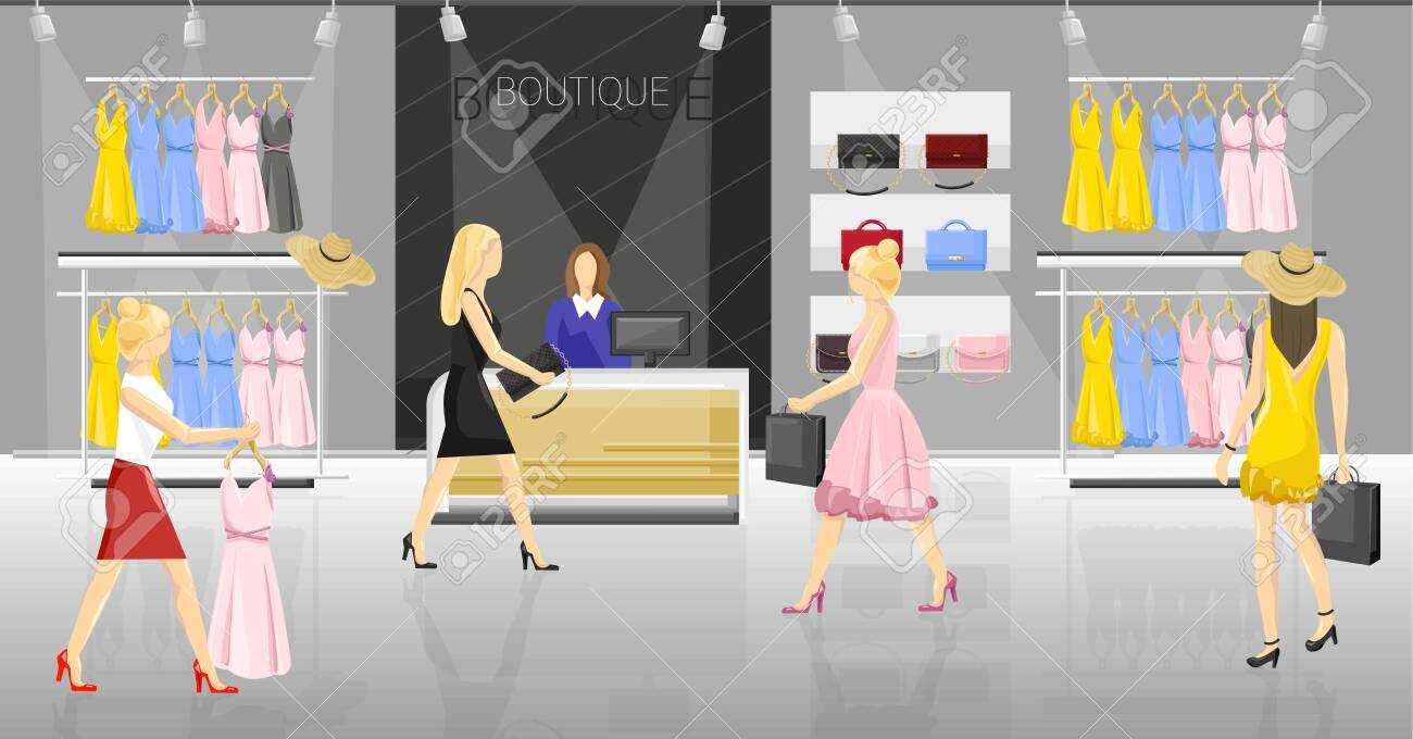Women In A Fancy Store Vector. People Trying On Clothes And Accesories With Fancy Brochure Templates
